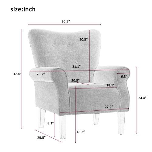 Modern Wing Back Accent Chair Roll Arm Living Room Cushion with Wooden Legs