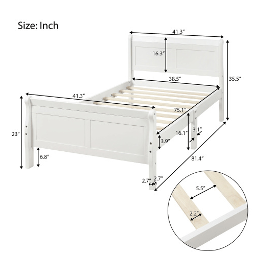 Wood Sleigh Bed with Headboard/Footboard/Wood Slat Support