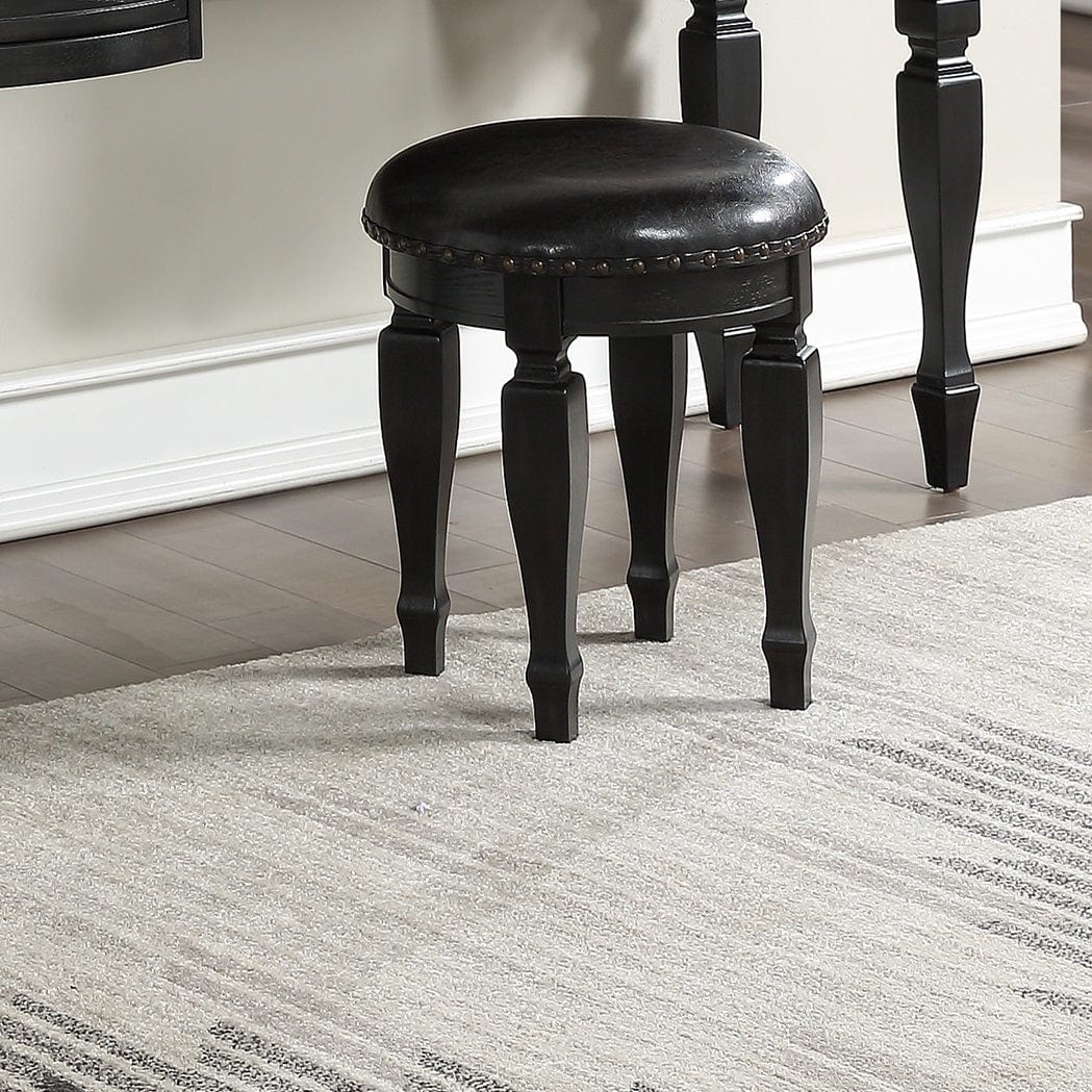 Bedroom Classic Vanity Set Wooden Carved Mirror Stool Drawers Black Color