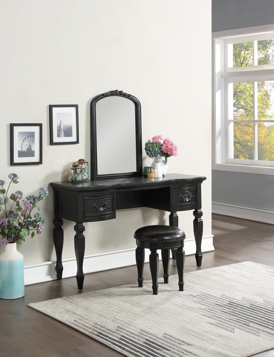 Bedroom Classic Vanity Set Wooden Carved Mirror Stool Drawers Black Color