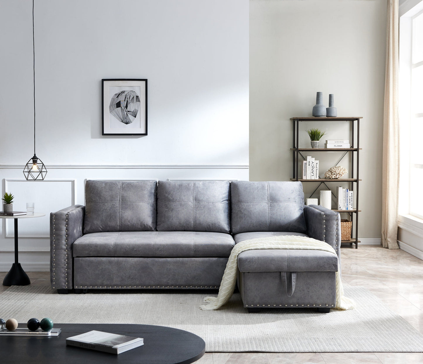 Sectional sofa with pulled out bed,  2 seats sofa and reversible chaise with storage, both hands with copper nail, GREY, (91" x 64" x 37")
