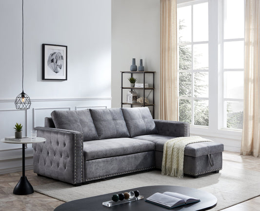 Sectional sofa with pulled out bed, 2 seats sofa and reversible chaise with storage, both hands with copper nail, GREY, (91" x 64" x 37")