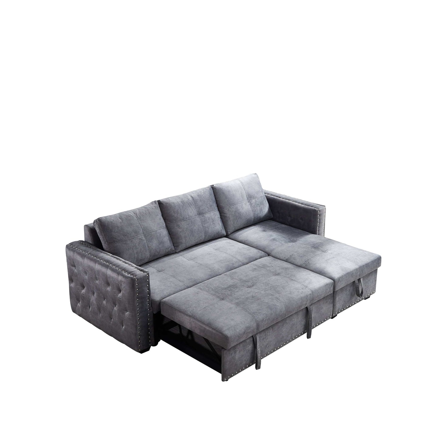 Sectional sofa with pulled out bed,  2 seats sofa and reversible chaise with storage, both hands with copper nail, GREY, (91" x 64" x 37")