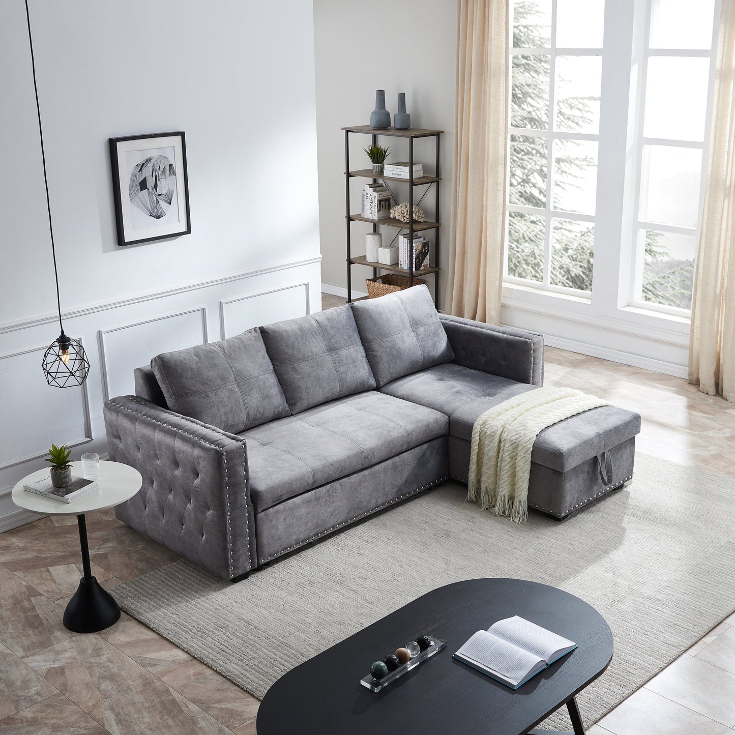 Sectional sofa with pulled out bed,  2 seats sofa and reversible chaise with storage, both hands with copper nail, GREY, (91" x 64" x 37")