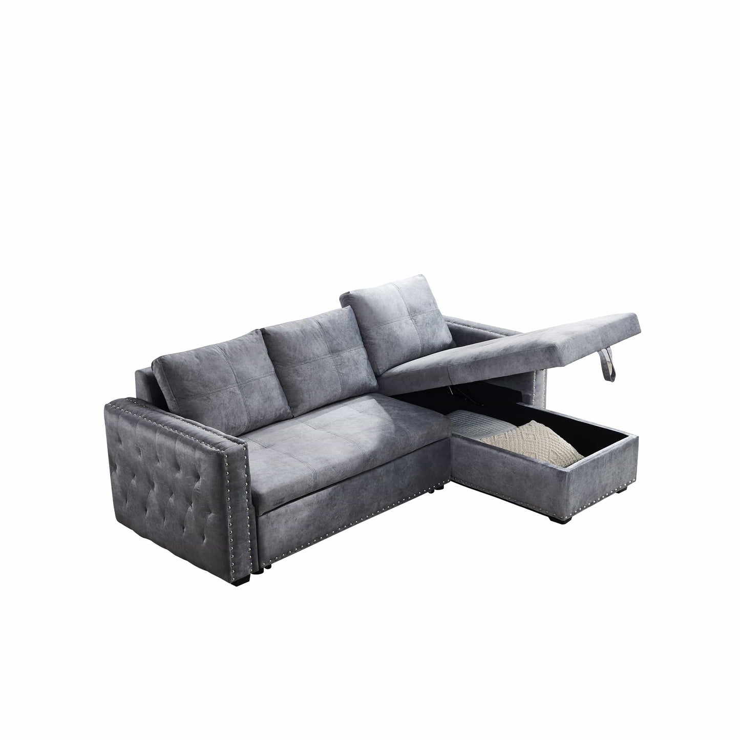 Sectional sofa with pulled out bed,  2 seats sofa and reversible chaise with storage, both hands with copper nail, GREY, (91" x 64" x 37")
