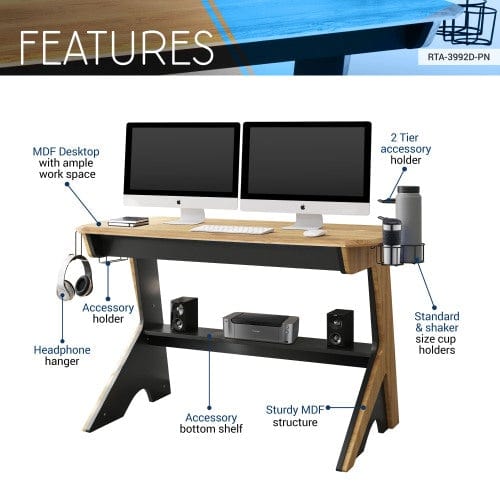 Techni Mobili Home Office Computer Writing Desk Workstation with Two Cupholders and a Headphone Hook- Pine
