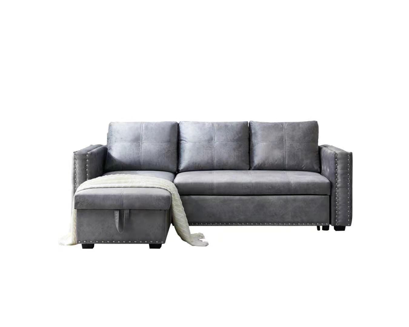 Sectional sofa with pulled out bed,  2 seats sofa and reversible chaise with storage, both hands with copper nail, GREY, (91" x 64" x 37")