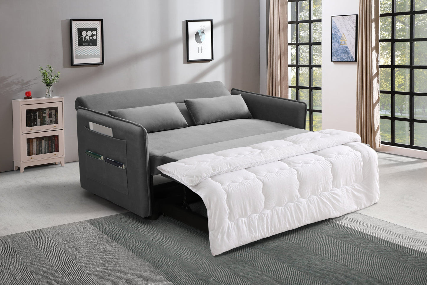 MEGA Pull Out Sofa Bed, Modern Adjustable Pull Out Bed Lounge Chair with 2 Side Pockets, 2 Pillows for Home Office
