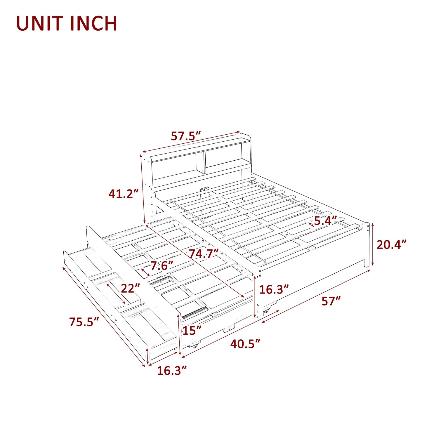 Full Bed with Bookcase,Twin Trundle,Drawers,White