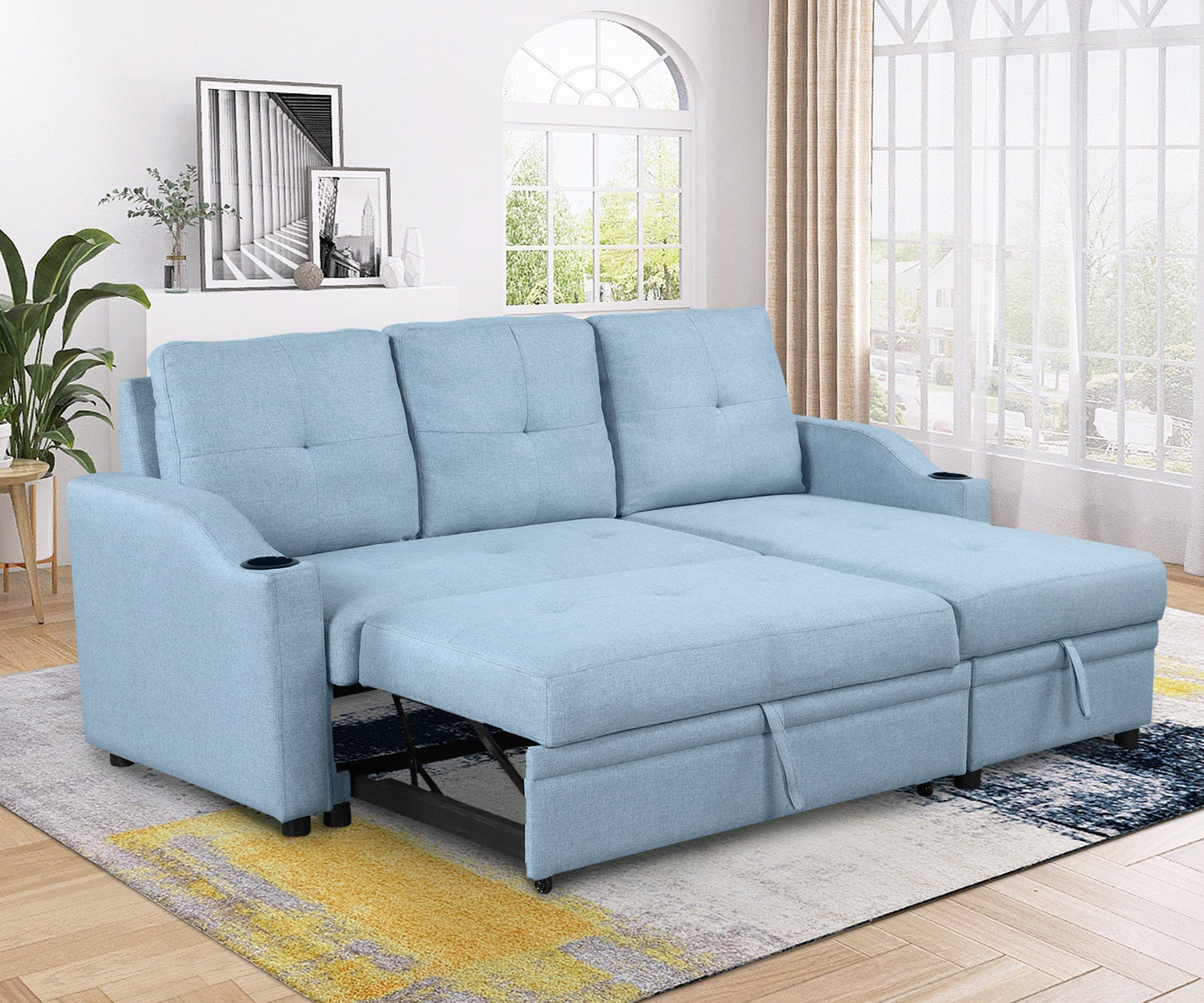 80.3" Orisfur. Pull Out Sofa Bed Modern Padded Upholstered Sofa Bed , Linen Fabric 3 Seater Couch with Storage Chaise and Cup Holder , Small Couch for Small Spaces