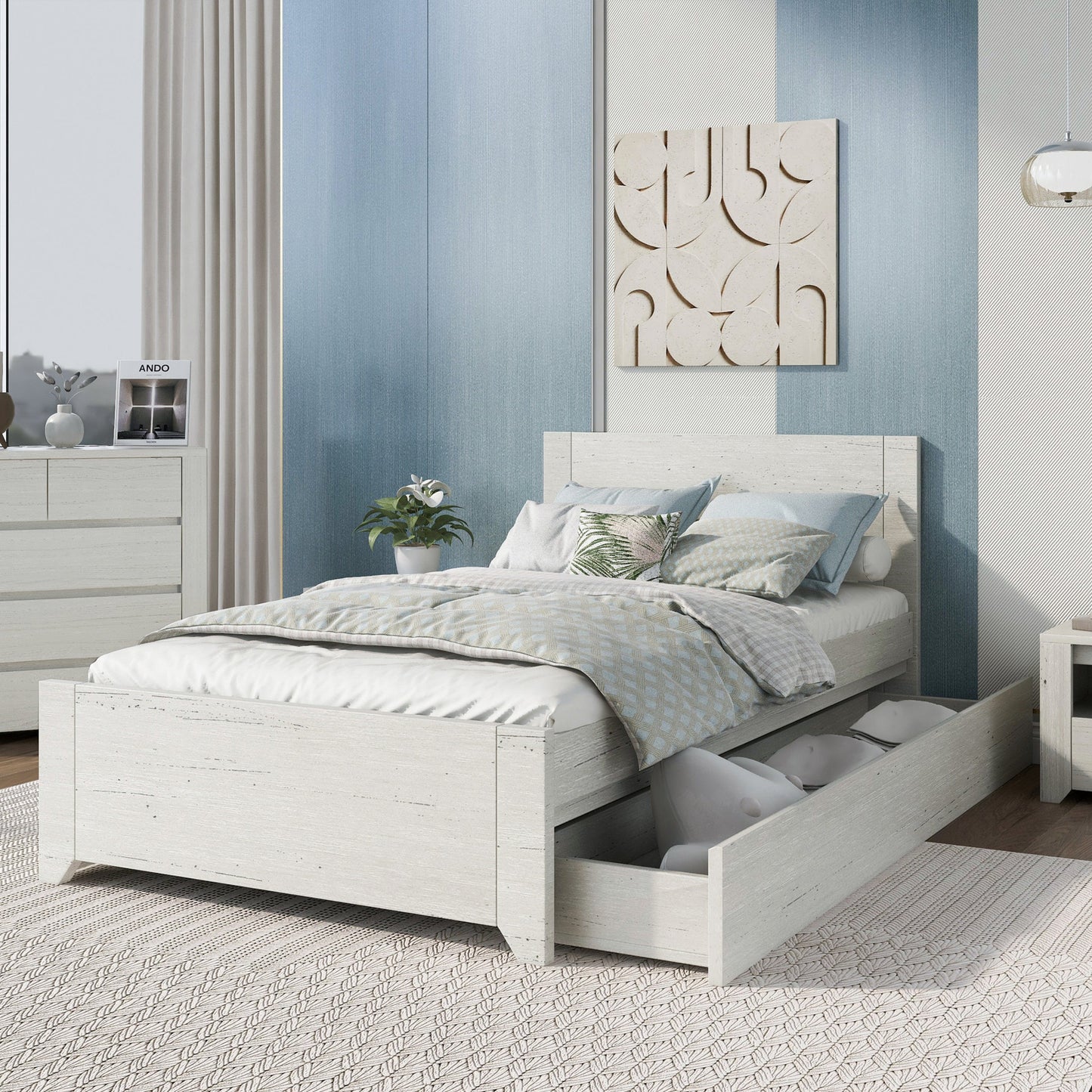 3 Pieces Cream Simple Style Manufacture Wood Bedroom Sets with Twin bed, Nightstand and Dresser