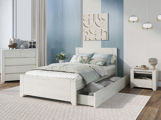 3 Pieces Off White Simple Style Manufacture Wood Bedroom Sets with Twin bed, Nightstand and Chest