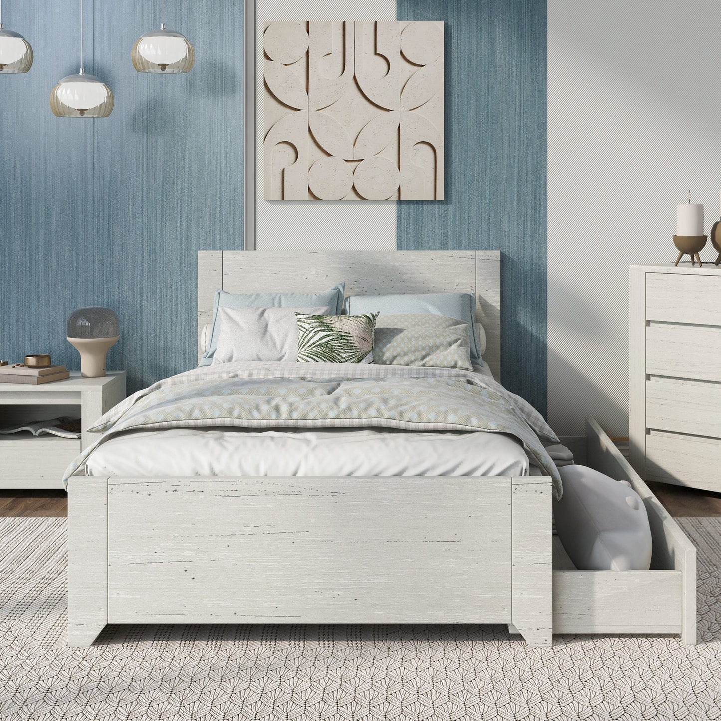 3 Pieces Cream Simple Style Manufacture Wood Bedroom Sets with Twin bed, Nightstand and Dresser