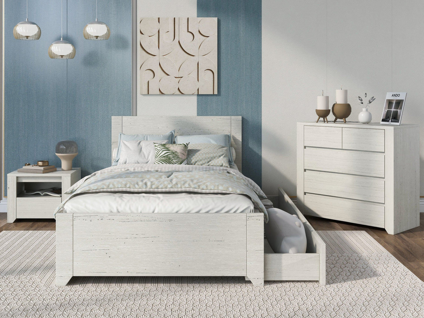 3 Pieces Off White Simple Style Manufacture Wood Bedroom Sets with Twin bed, Nightstand and Chest