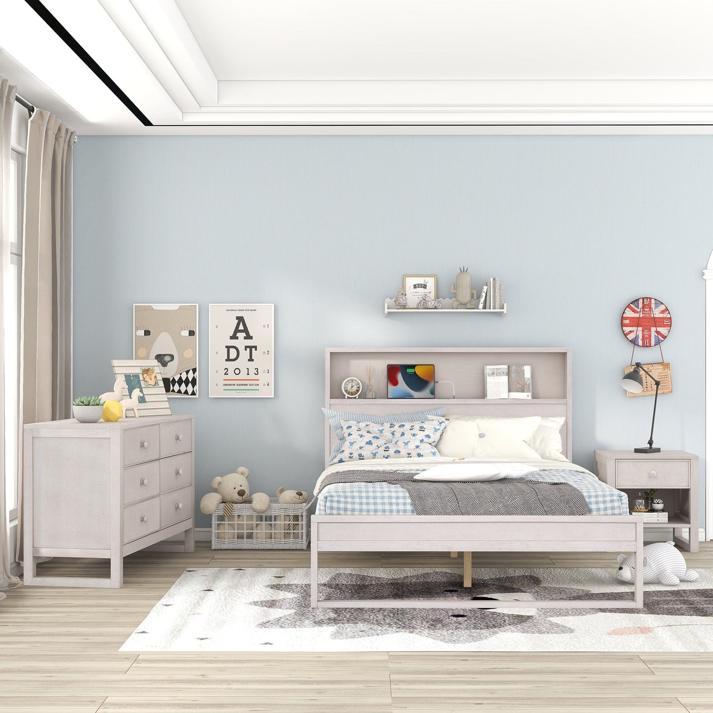 3-Pieces Bedroom Sets Full Size Platform Bed with Nightstand and Dresser,Antique White