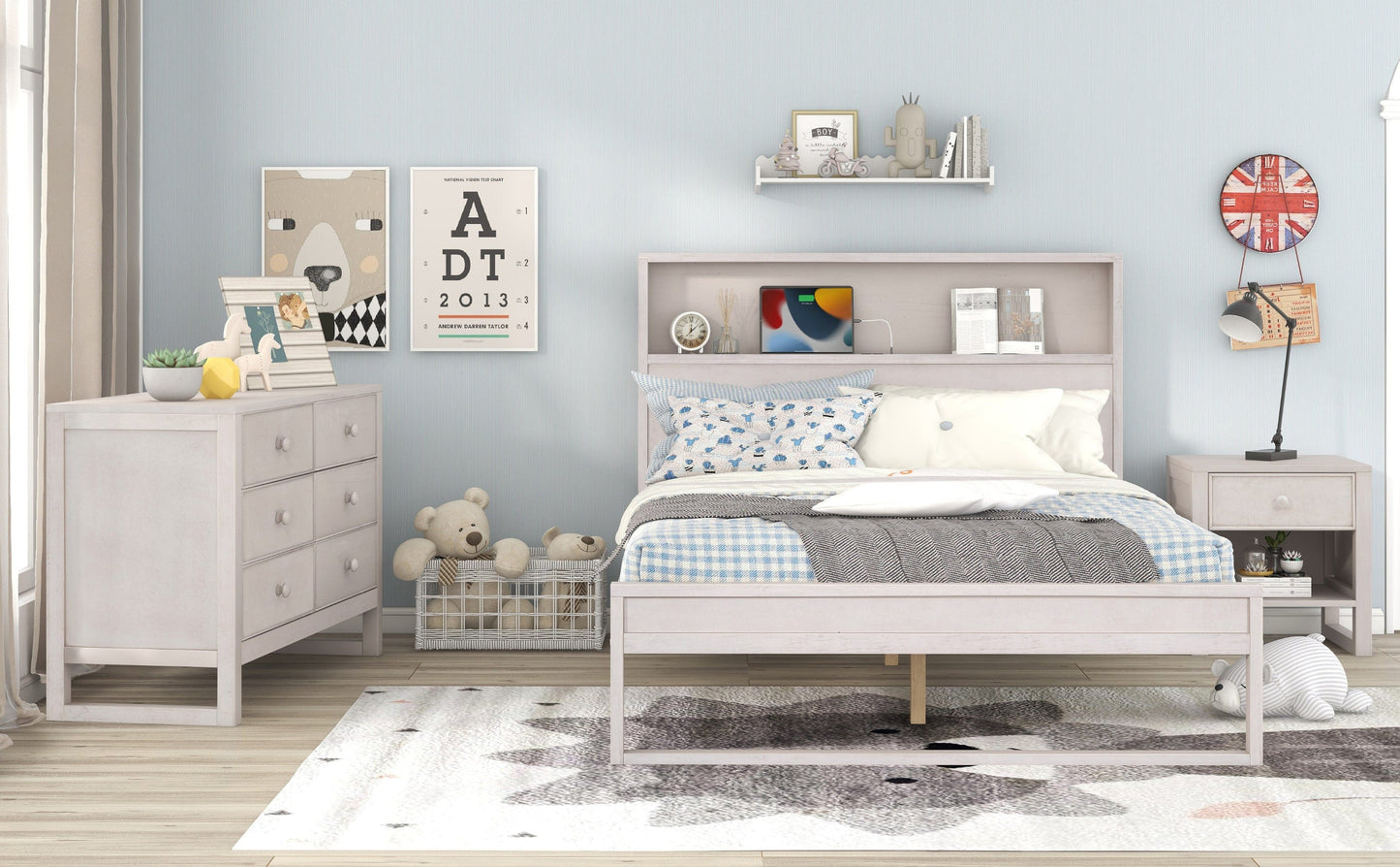 3-Pieces Bedroom Sets Full Size Platform Bed with Nightstand and Dresser,Antique White