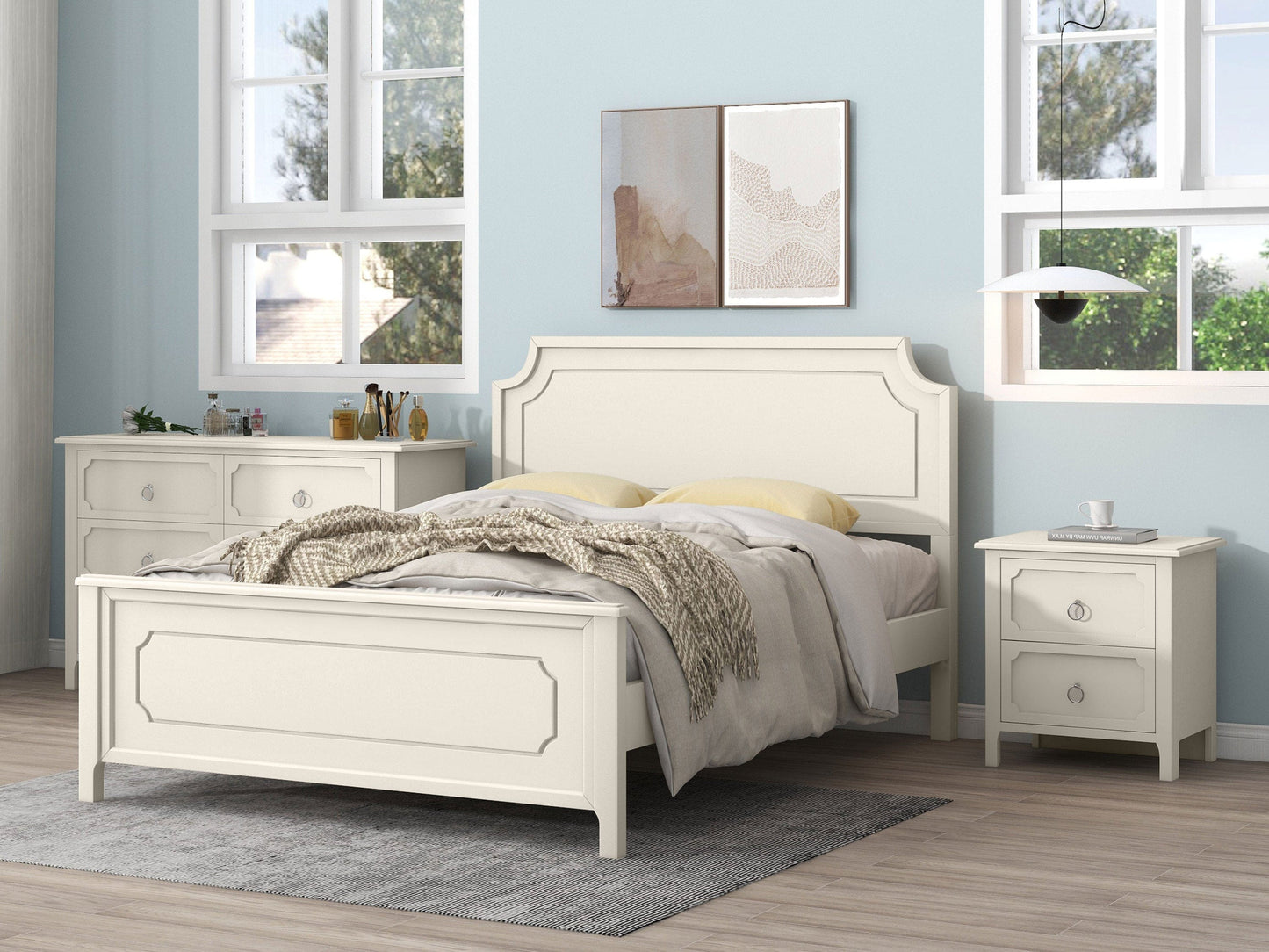 3 Pieces Bedroom Sets Milky White Solid Rubber Wood Queen Size Platform Bed with Nightstand and Dresser