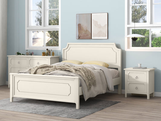 3 Pieces Bedroom Sets Milky White Solid Rubber Wood Queen Size Platform Bed with Nightstand and Dresser