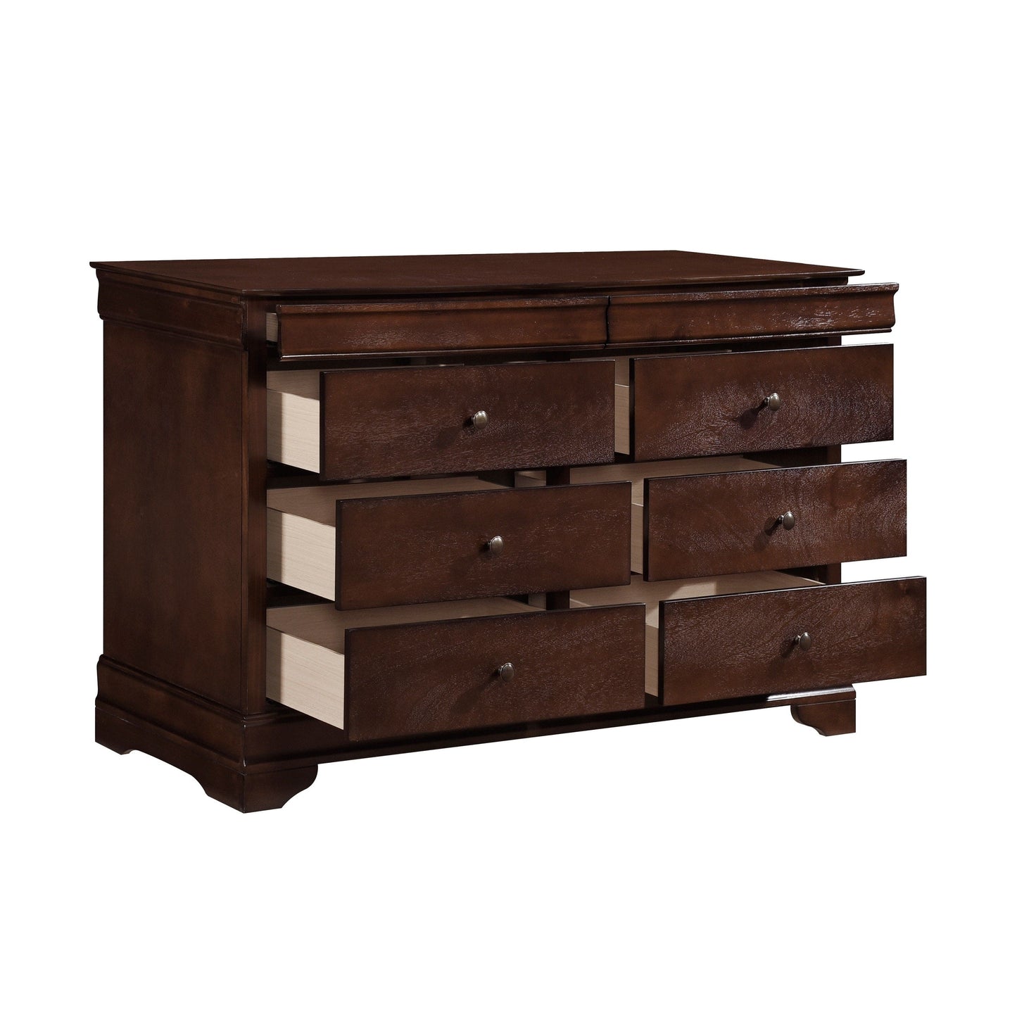 Brown Cherry Finish Louis Phillipe Style Bedroom Furniture 1pc Dresser of 6x Drawers Hidden Drawers Wooden Furniture