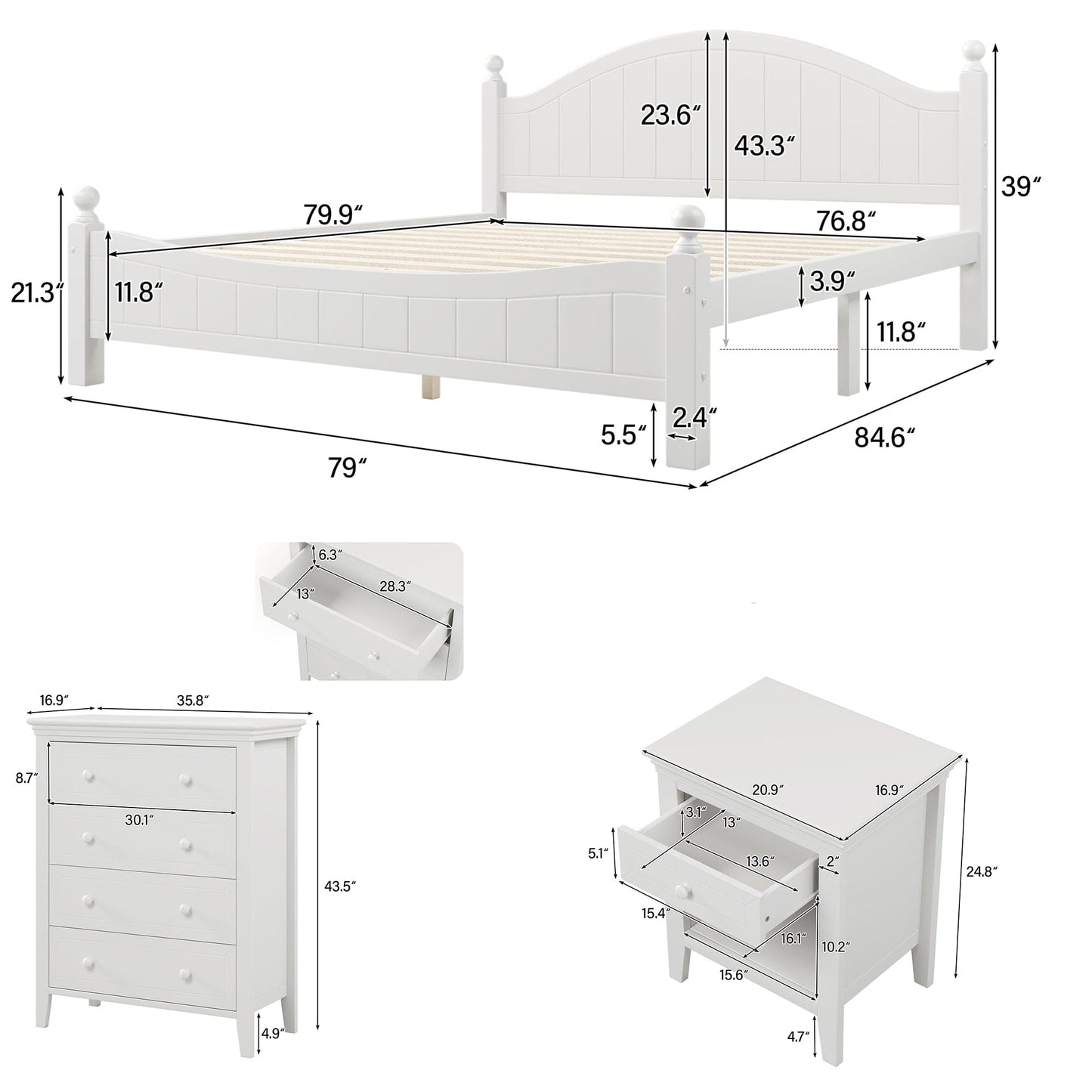 Three  Pieces Traditional Concise Style White Bedroom Sets, Nightstand+ Chest+ King Bed