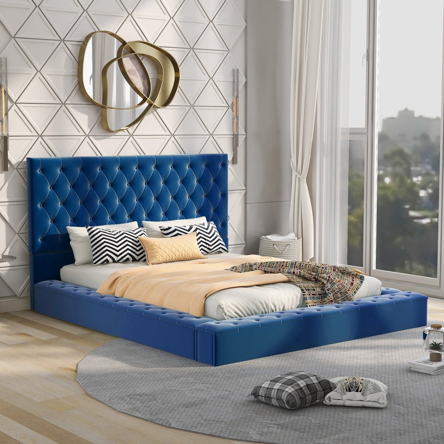 Queen Size Upholstery Low Profile Storage Platform Bed with Storage Space on both Sides and Footboard,Blue