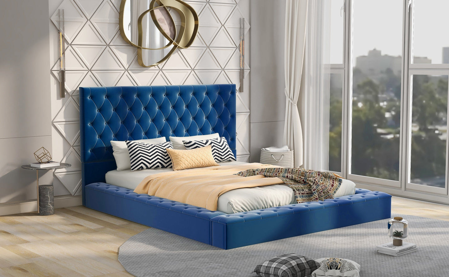 Queen Size Upholstery Low Profile Storage Platform Bed with Storage Space on both Sides and Footboard,Blue