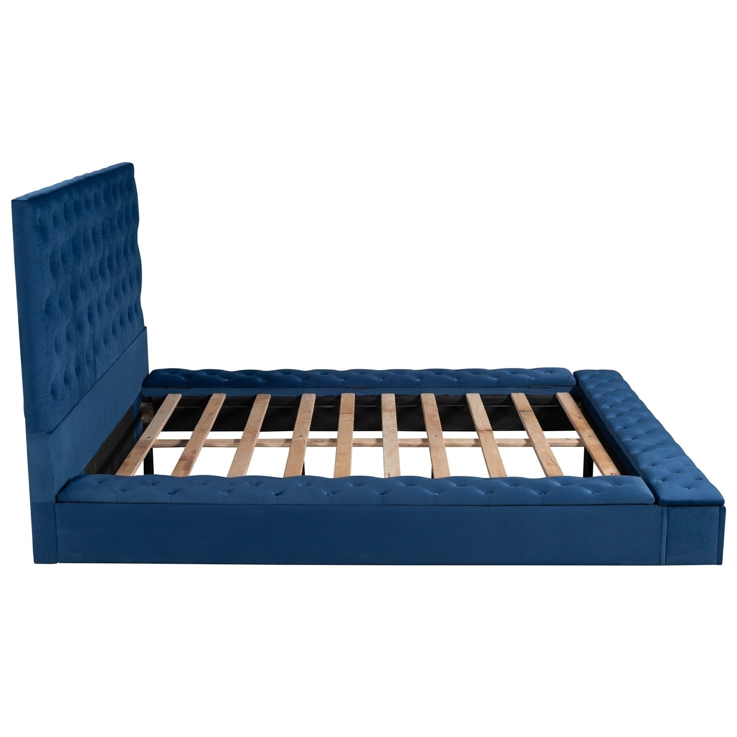 Queen Size Upholstery Low Profile Storage Platform Bed with Storage Space on both Sides and Footboard,Blue