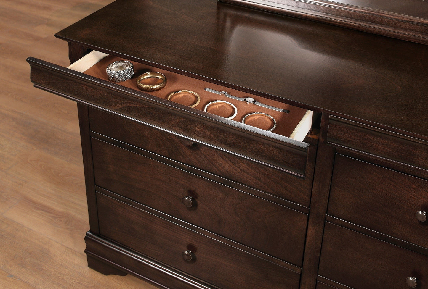 Brown Cherry Finish Louis Phillipe Style Bedroom Furniture 1pc Dresser of 6x Drawers Hidden Drawers Wooden Furniture