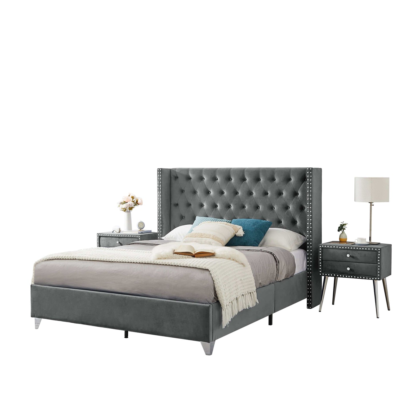 B100S Queen bed with two nightstands, Button designed Headboard,strong wooden slats + metal legs with Electroplate
