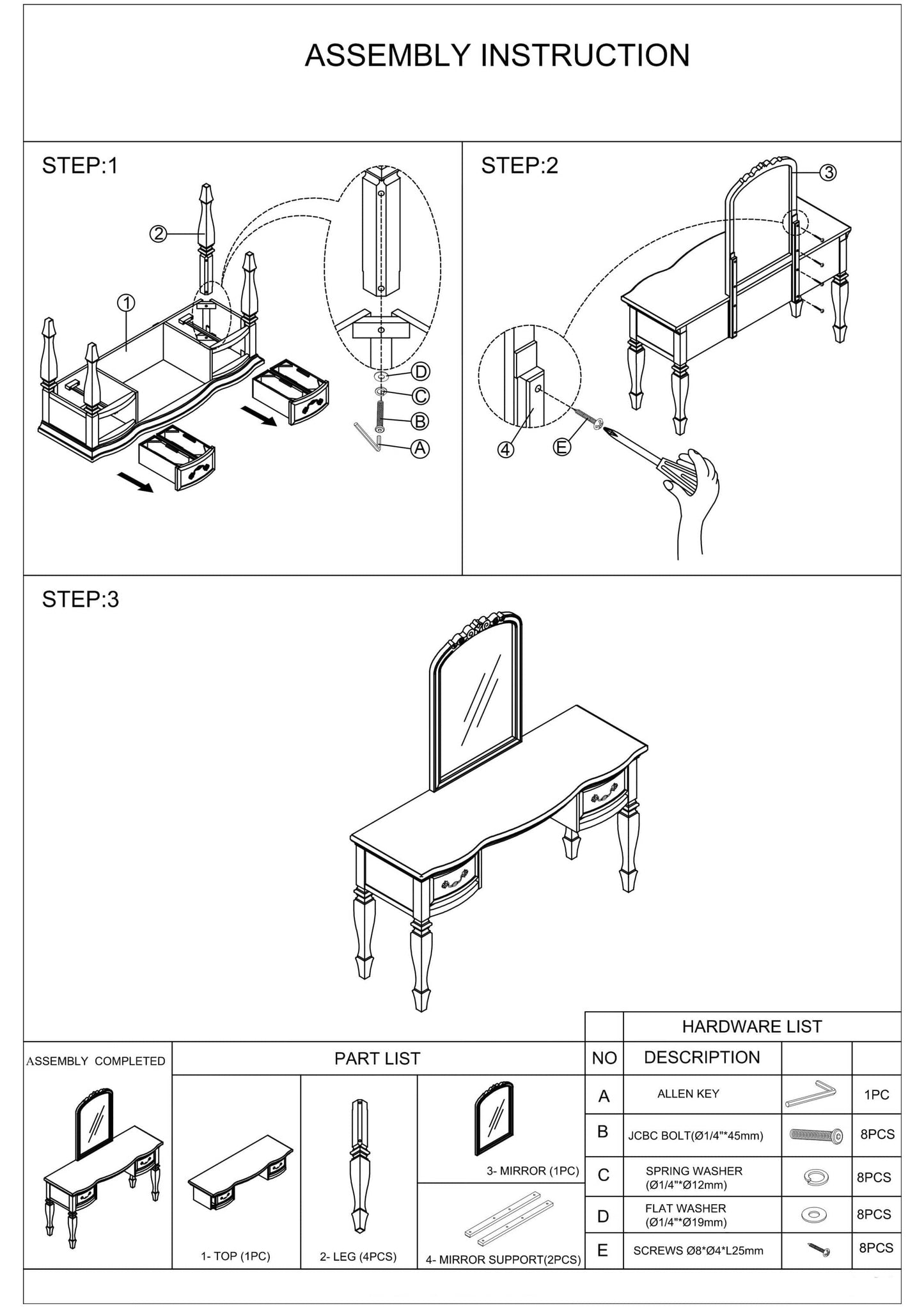 Bedroom Classic Vanity Set Wooden Carved Mirror Stool Drawers Antique White