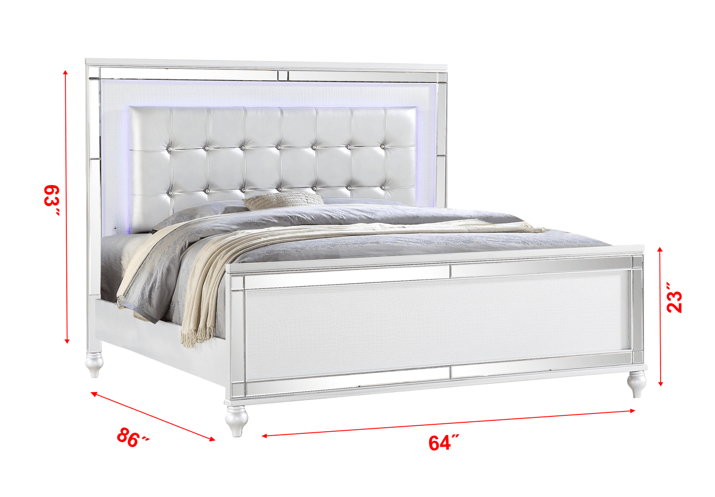 Sterling Queen Size Upholstered LED Bed made with wood in White Color