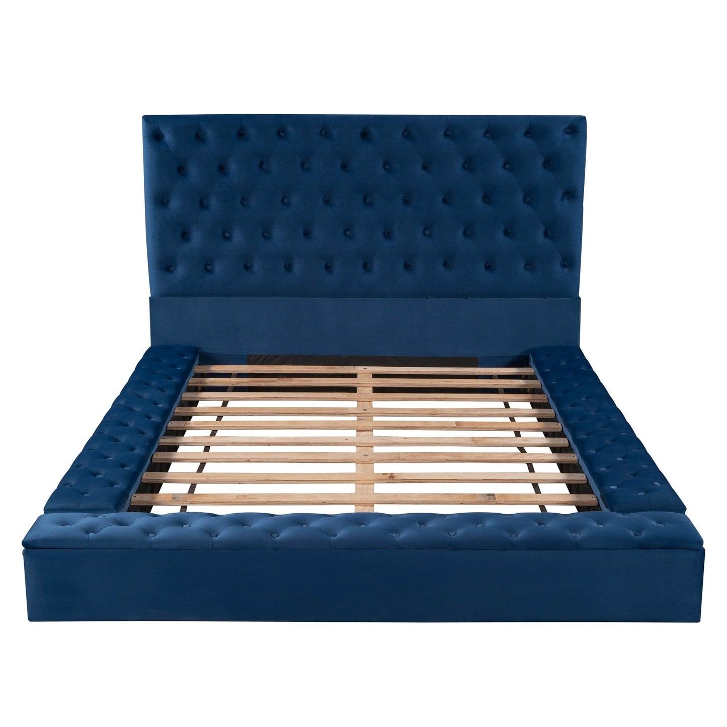 Queen Size Upholstery Low Profile Storage Platform Bed with Storage Space on both Sides and Footboard,Blue