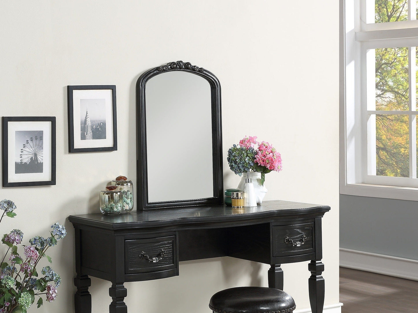 Bedroom Classic Vanity Set Wooden Carved Mirror Stool Drawers Black Color