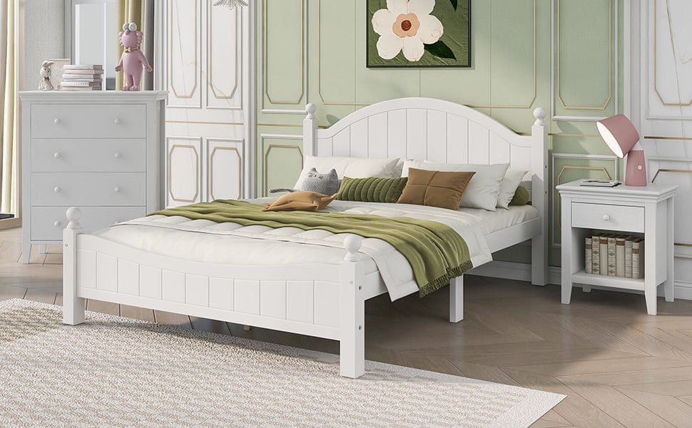 Three  Pieces Traditional Concise Style White Bedroom Sets, Nightstand+ Chest+ King Bed