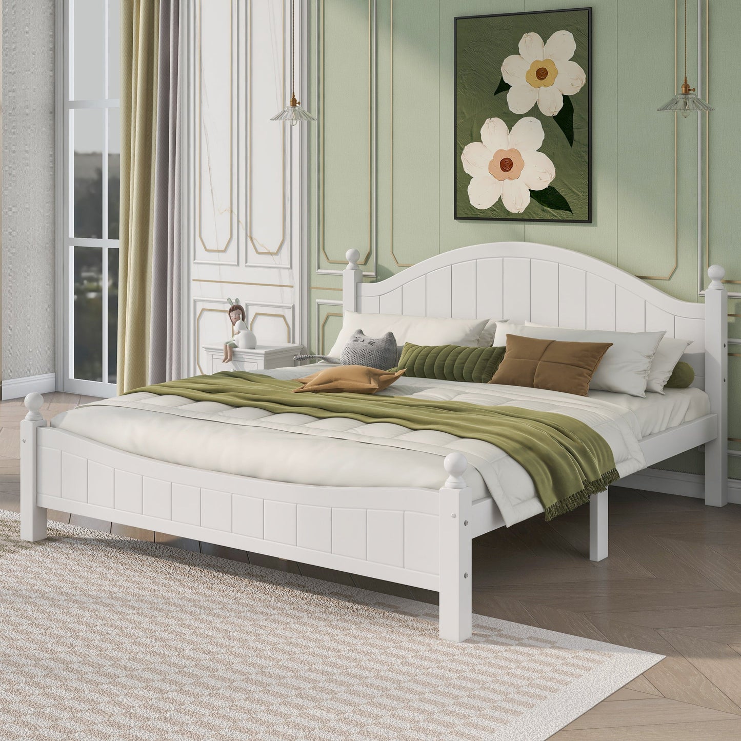 Three  Pieces Traditional Concise Style White Bedroom Sets, Nightstand+ Chest+ King Bed