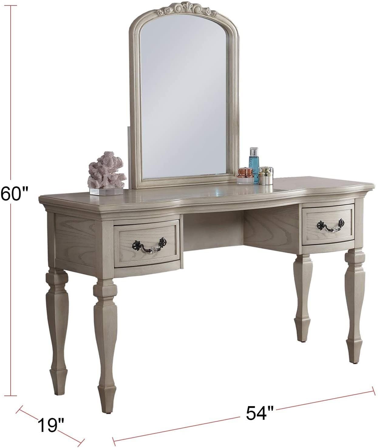 Bedroom Classic Vanity Set Wooden Carved Mirror Stool Drawers Antique White