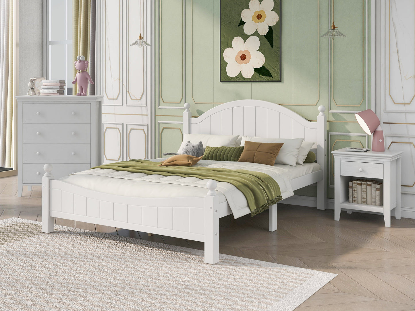 Three  Pieces Traditional Concise Style White Bedroom Sets, Nightstand+ Chest+ King Bed