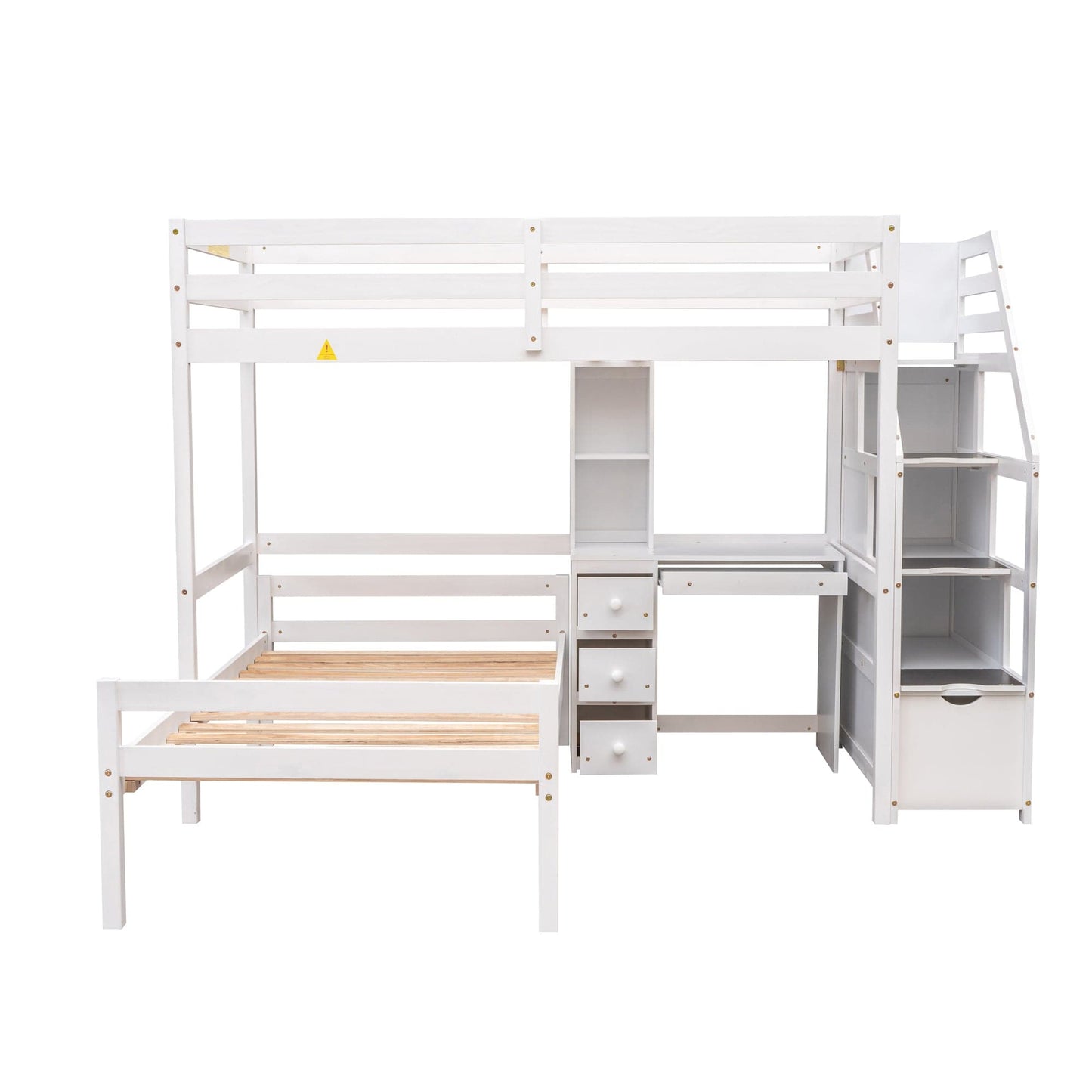 White, Twin Size Loft Bed with a Stand-alone Bed, Storage Staircase, Desk, Shelves and Drawers