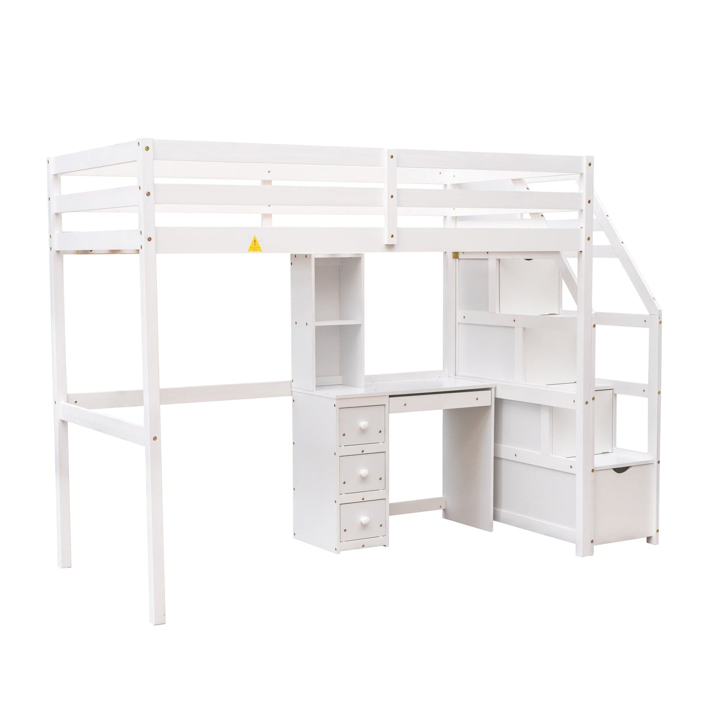 White, Twin Size Loft Bed with a Stand-alone Bed, Storage Staircase, Desk, Shelves and Drawers
