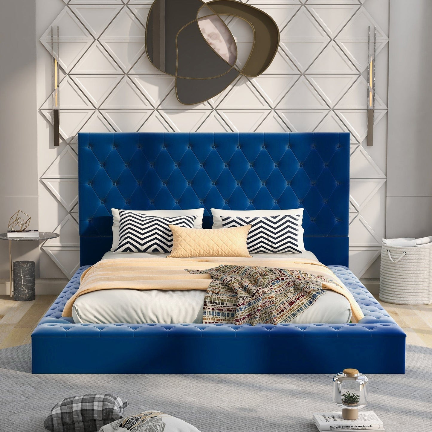 Queen Size Upholstery Low Profile Storage Platform Bed with Storage Space on both Sides and Footboard,Blue