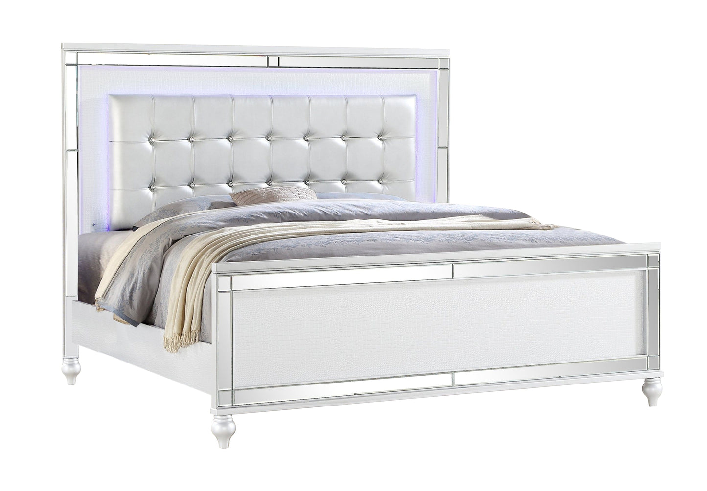 Sterling Queen Size Upholstered LED Bed made with wood in White Color
