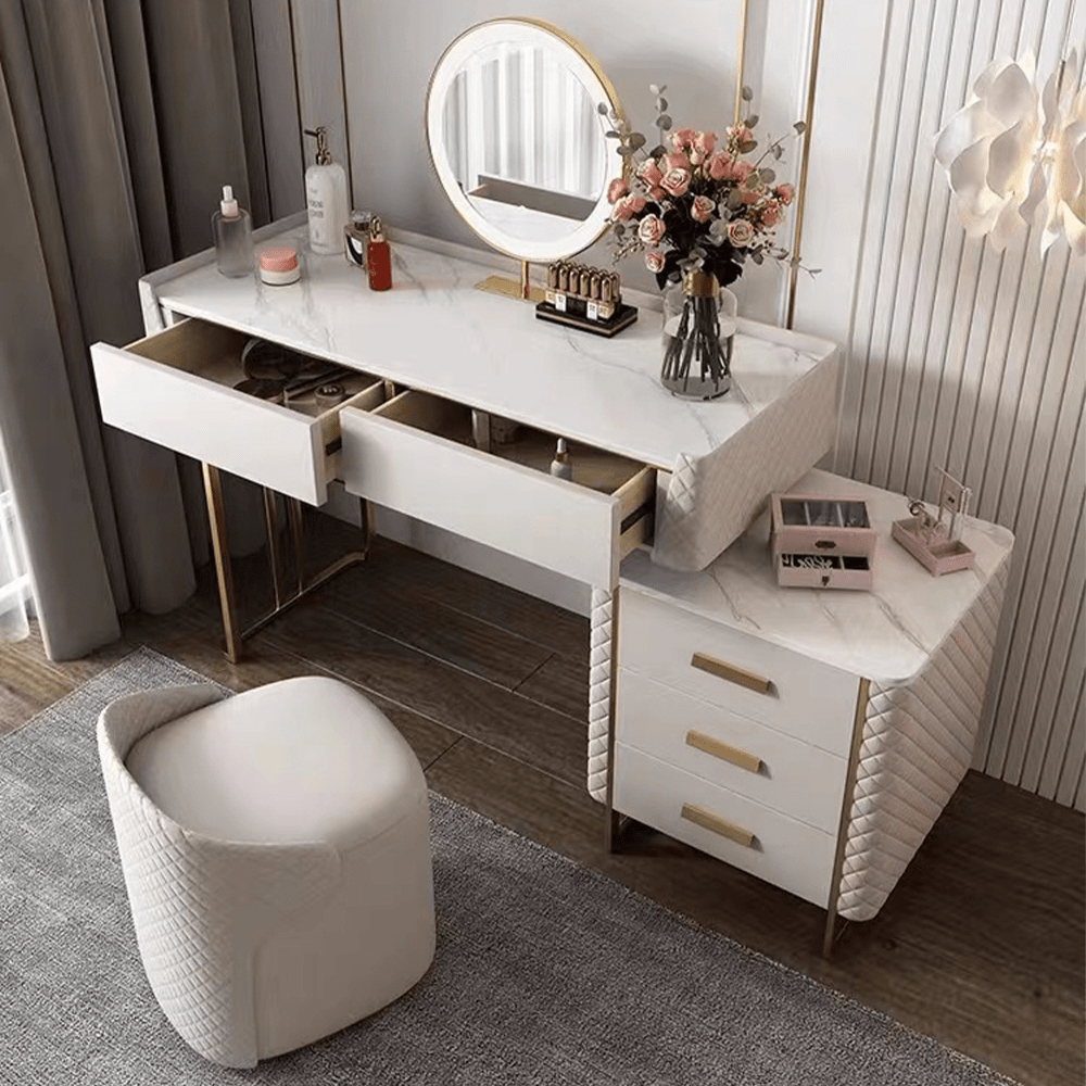 White Makeup Vanity Set with LED Lighted Mirror, 5 Drawers, Modern Dressing Table Sintered Stone, Stool, For Bedroom, 47.24''