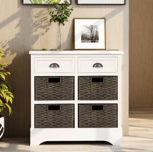Rustic Storage Cabinet with Two Drawers and Four Classic Rattan Basket