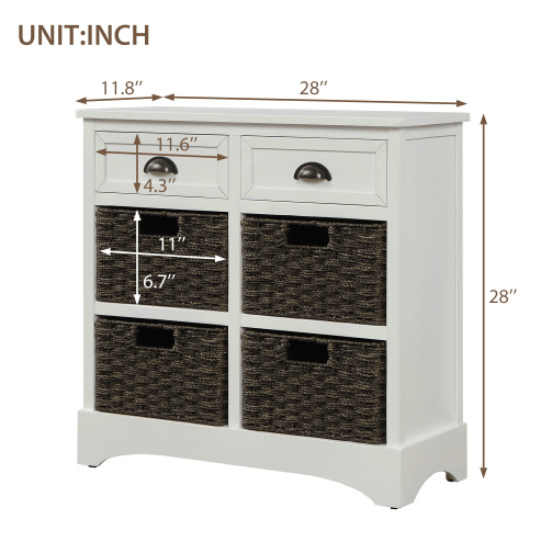 Rustic Storage Cabinet with Two Drawers and Four Classic Rattan Basket