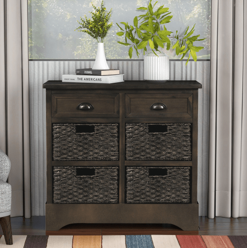 Rustic Storage Cabinet with Two Drawers and Four Classic Rattan Basket