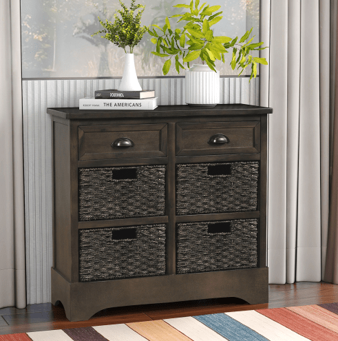 Rustic Storage Cabinet with Two Drawers and Four Classic Rattan Basket