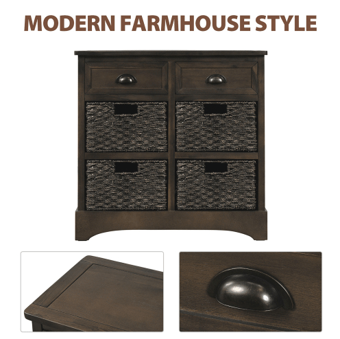Rustic Storage Cabinet with Two Drawers and Four Classic Rattan Basket