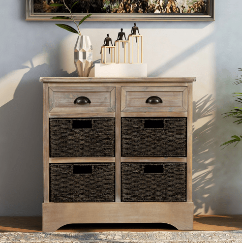 Rustic Storage Cabinet with Two Drawers and Four Classic Rattan Basket