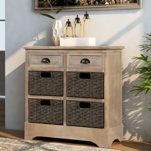 Rustic Storage Cabinet with Two Drawers and Four Classic Rattan Basket