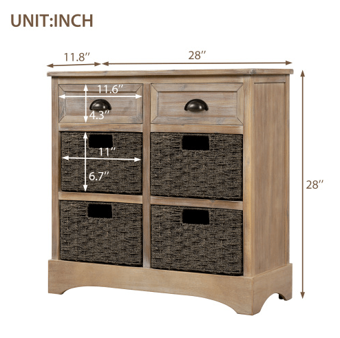 Rustic Storage Cabinet with Two Drawers and Four Classic Rattan Basket